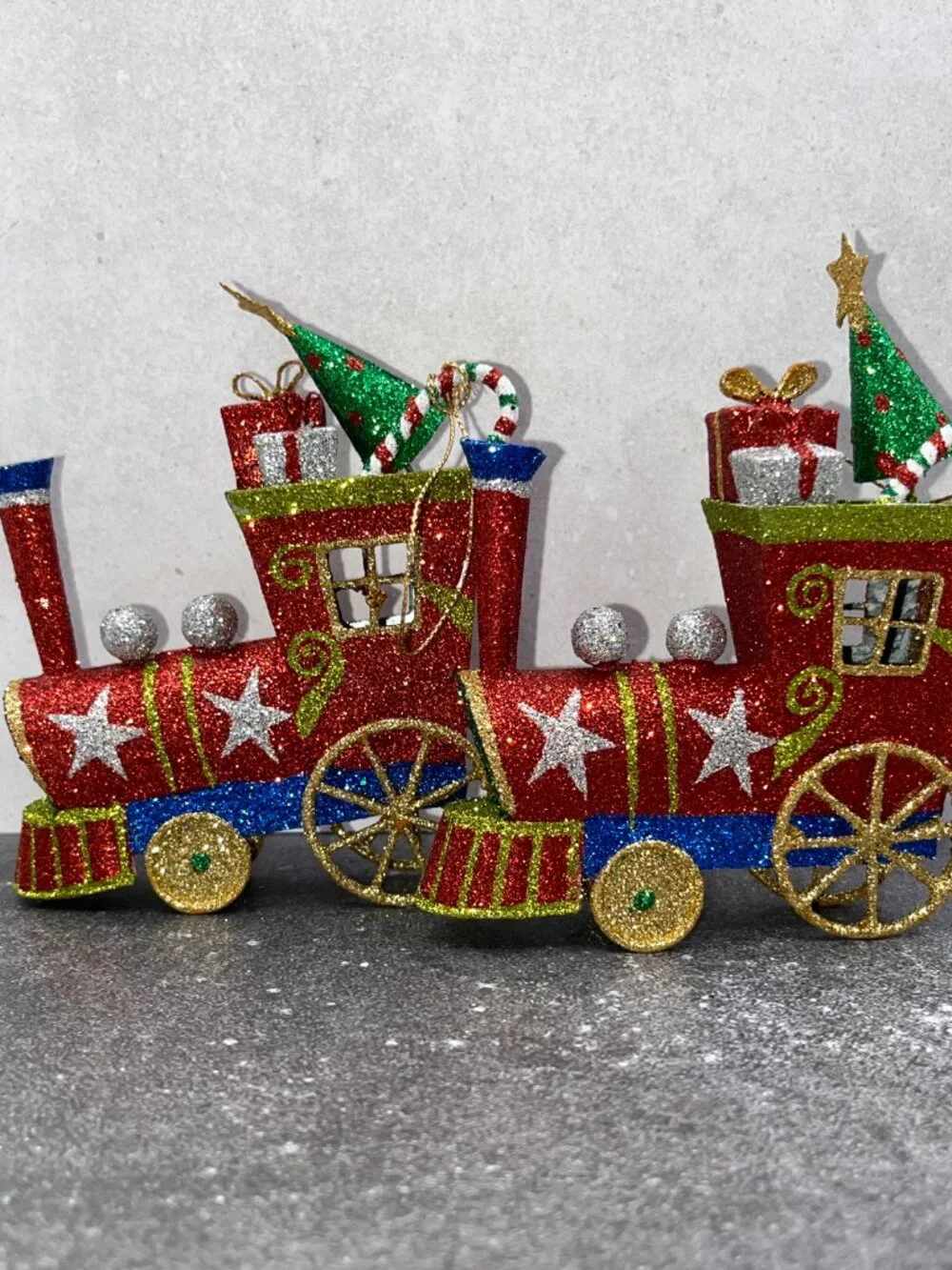 Vintage Pier One Pier 1 Metal Glitter Christmas Train Ornaments Red Green Blue